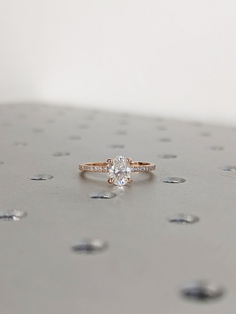 1cts Moissanite Oval Engagement Ring, Oval Moissanite and Diamond Solitaire Wedding Ring, Rose Gold Moissanite Ring