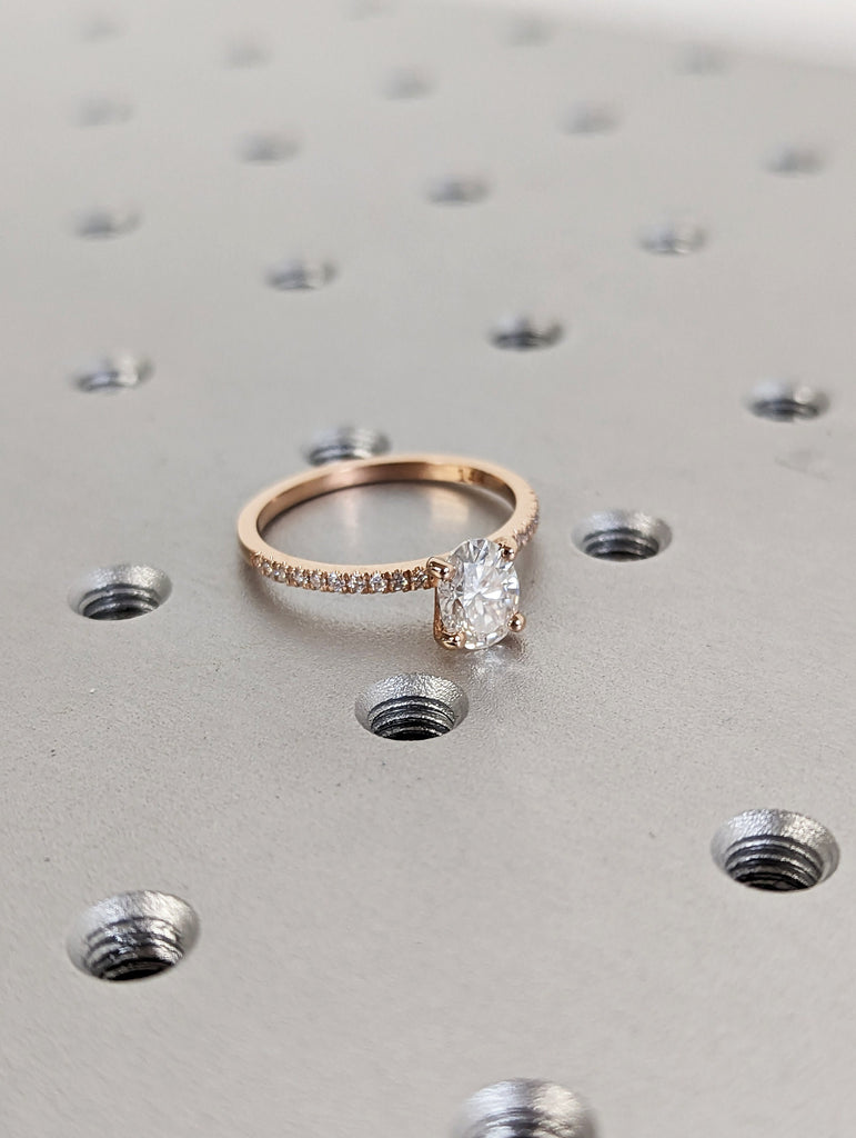 1cts Moissanite Oval Engagement Ring, Oval Moissanite and Diamond Solitaire Wedding Ring, Rose Gold Moissanite Ring