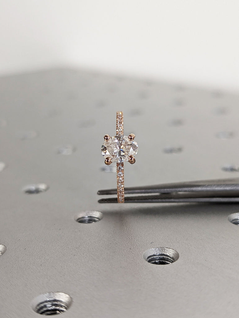 1cts Moissanite Oval Engagement Ring, Oval Moissanite and Diamond Solitaire Wedding Ring, Rose Gold Moissanite Ring