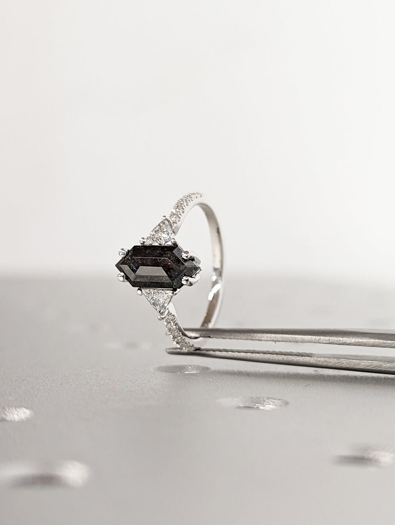 Galaxy Raw Diamond Hexagon Triangle Diamond, Salt and Pepper, Unique Bridal Engagement Set, Rose Cut Geometric Diamond Ring, 14k white gold