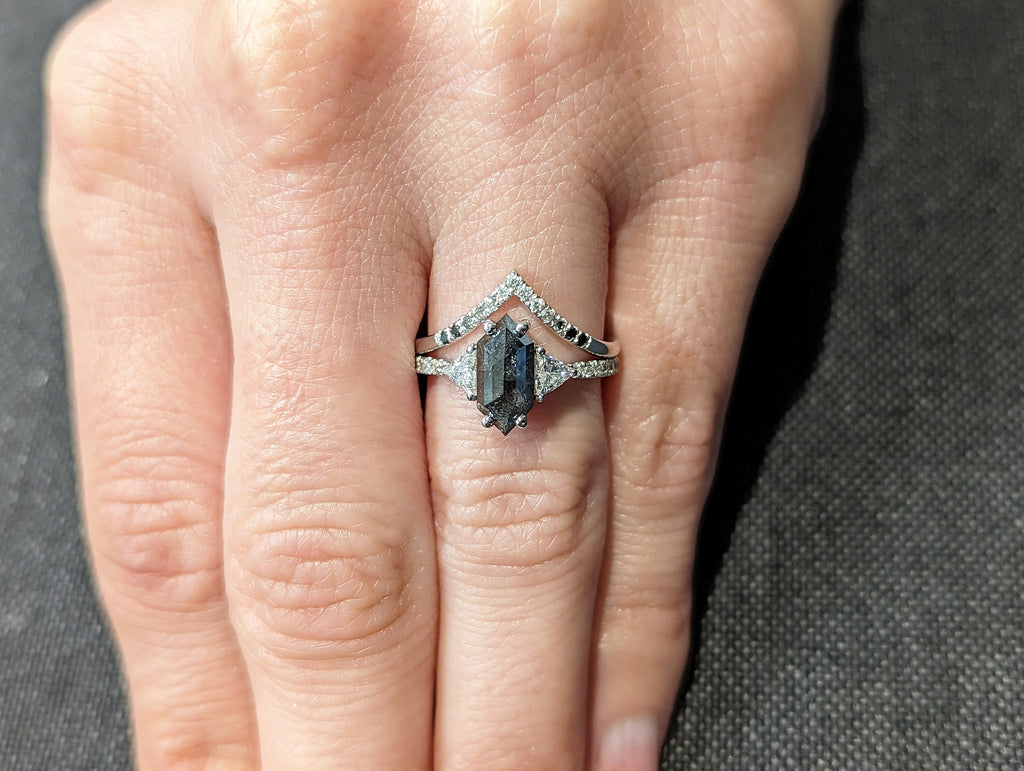 Galaxy Raw Diamond Hexagon Triangle Diamond, Salt and Pepper, Unique Bridal Engagement Set, Rose Cut Geometric Diamond Ring, 14k white gold