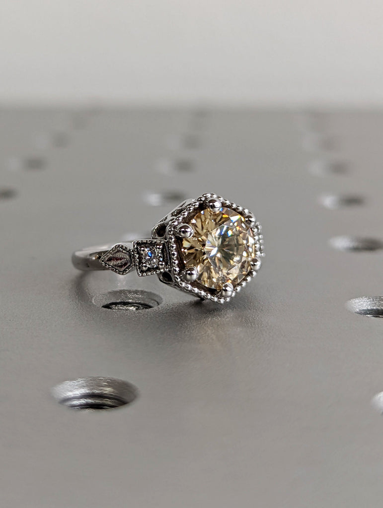 Vintage yellow moissanite engagement ring 14k white gold diamond Art deco wedding ring Vintage Filigree Ring engagement anniversary promise image #4