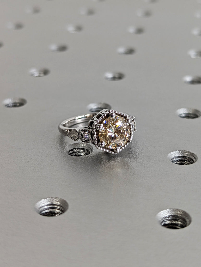 Vintage yellow moissanite engagement ring 14k white gold diamond Art deco wedding ring Vintage Filigree Ring engagement anniversary promise image #5