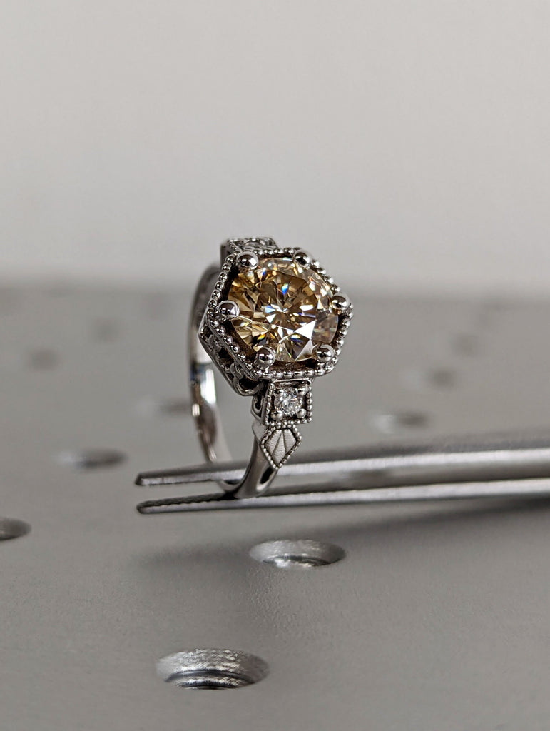 Vintage yellow moissanite engagement ring 14k white gold diamond Art deco wedding ring Vintage Filigree Ring engagement anniversary promise image #9