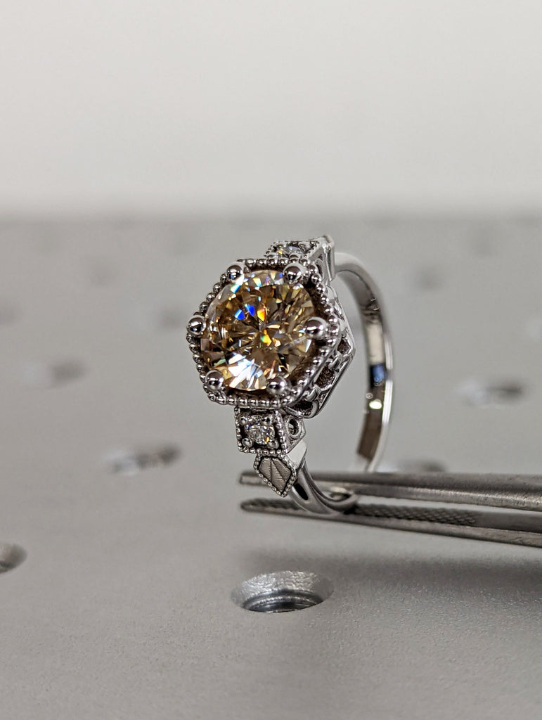Vintage yellow moissanite engagement ring 14k white gold diamond Art deco wedding ring Vintage Filigree Ring engagement anniversary promise image #8
