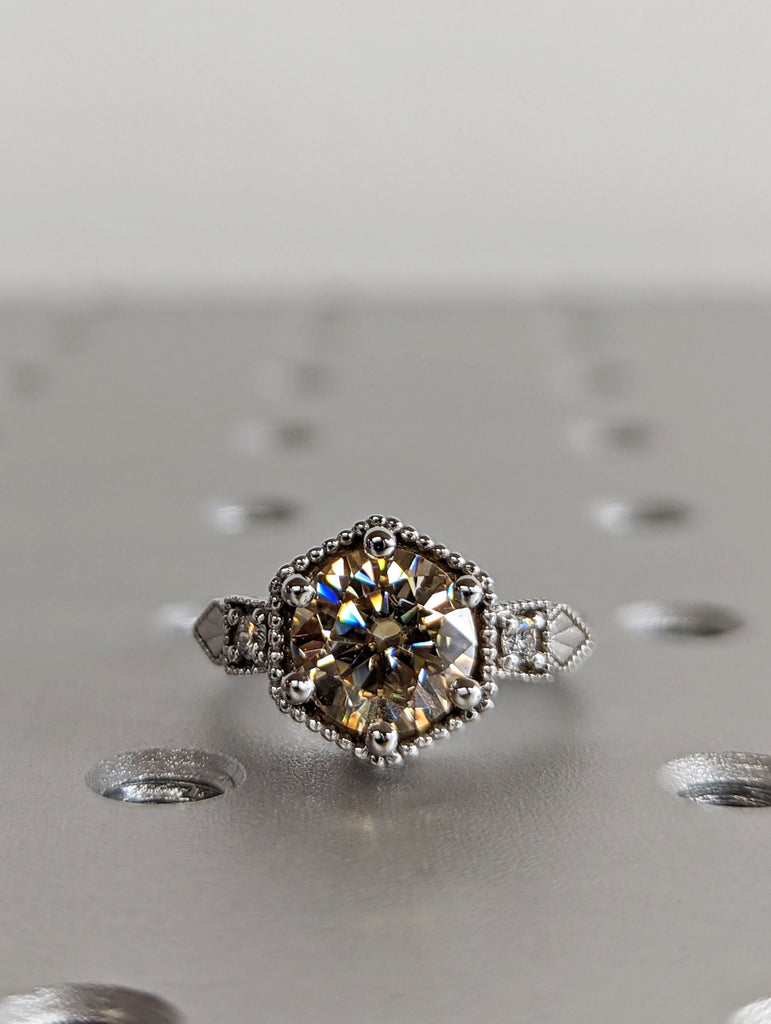 Vintage yellow moissanite engagement ring 14k white gold diamond Art deco wedding ring Vintage Filigree Ring engagement anniversary promise image #2