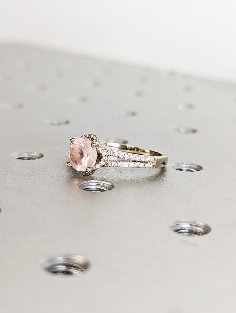 Rose Quartz & Diamond Cluster Ring | solid 14k Gold Rose Quartz and Diamond Promise Ring | Rose Quartz Engagement Ring | Vintage | Solitaire