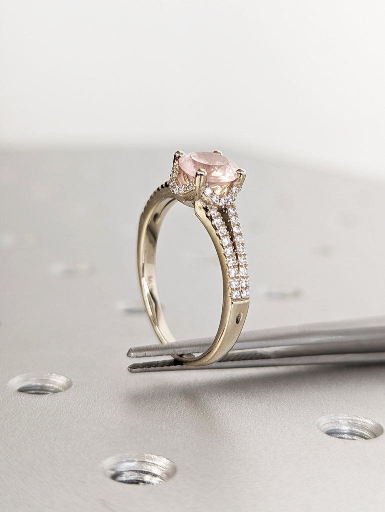 Rose Quartz & Diamond Cluster Ring | solid 14k Gold Rose Quartz and Diamond Promise Ring | Rose Quartz Engagement Ring | Vintage | Solitaire