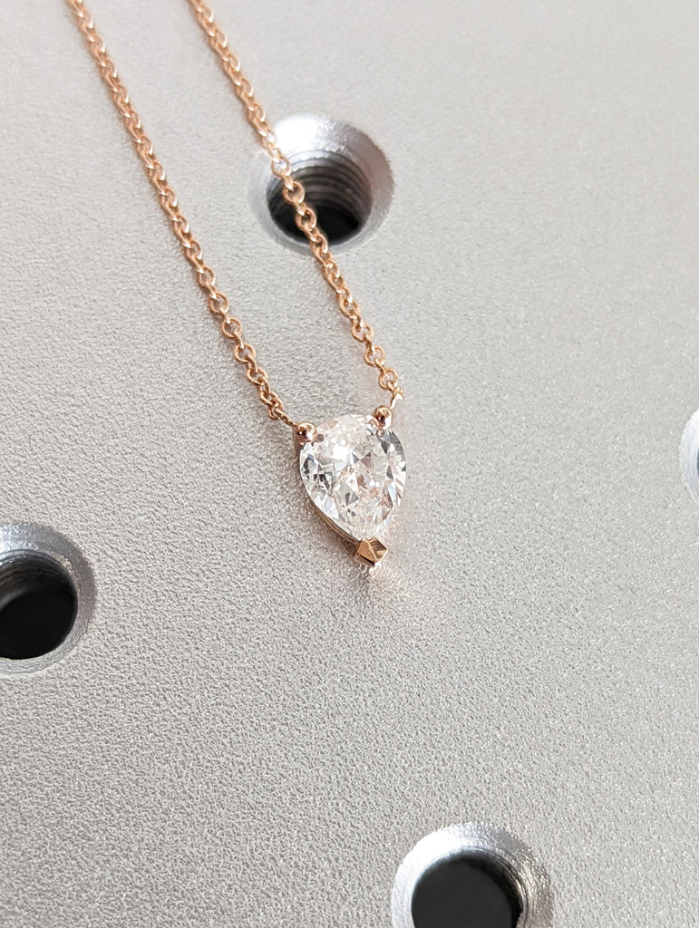 VVS Moissanite Pear cut Solitaire Pendant Necklace | 14k Rose Gold Woman Necklace | Minimalist Everyday Necklace