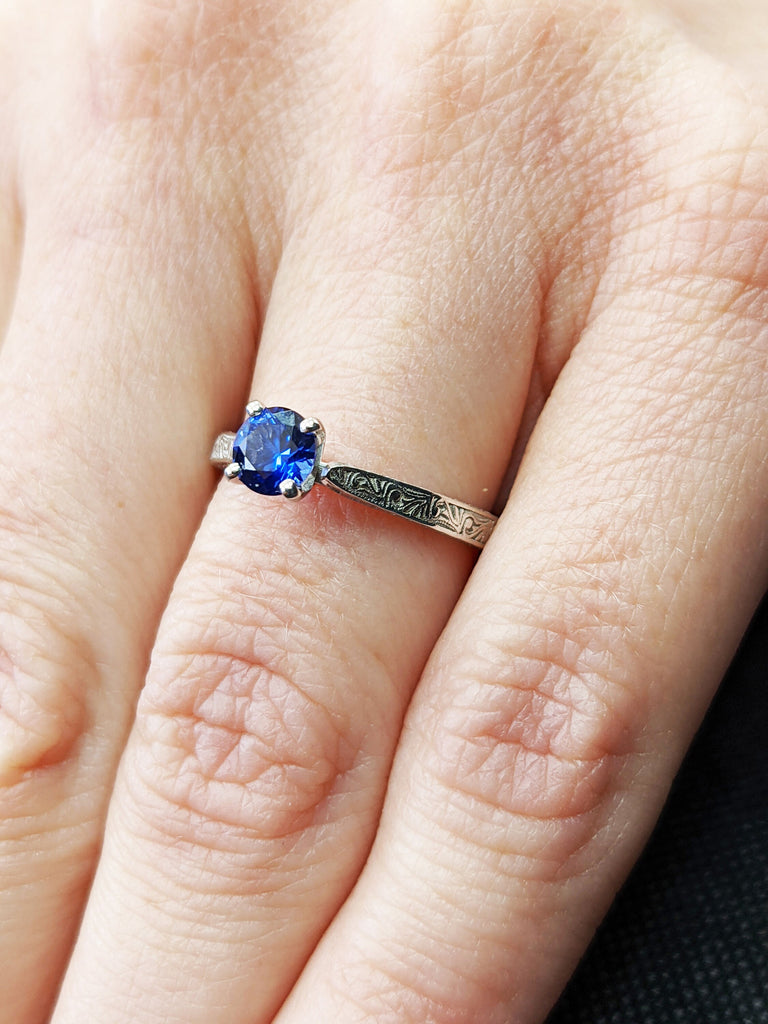 Blue Sapphire Engagement Ring, Vintage Inspired Sapphire Ring, Rose/Yellow/White Gold Round Sapphire Ring, Sapphire Ring