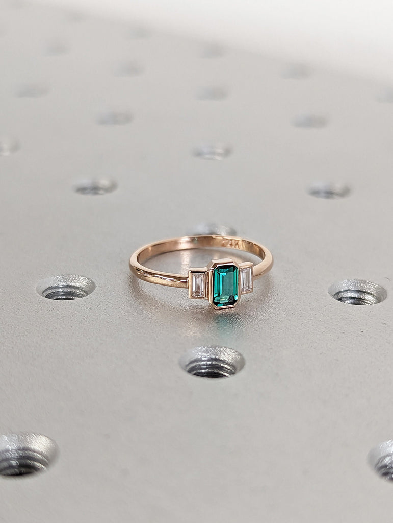 Emerald baguette ring 14k gold Emerald Ring Baguette Emerald Ring 14k Solid Gold Minimalist Emerald Ring Stacking Three Stone Emerald Ring