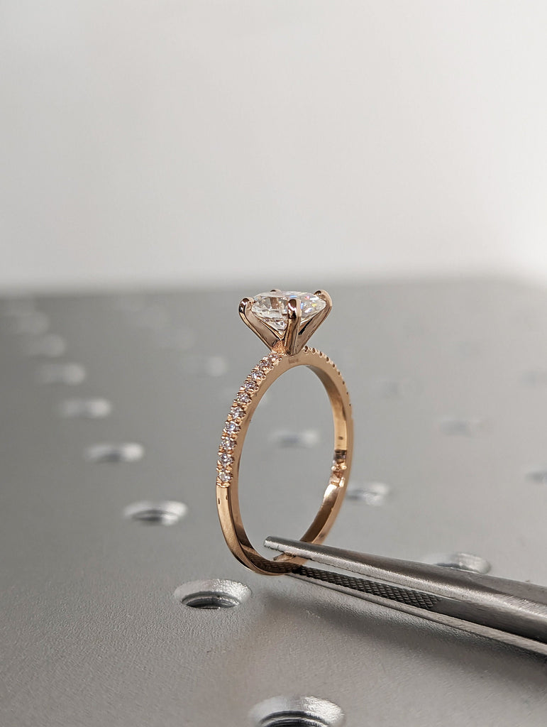 1cts Moissanite Oval Engagement Ring, Oval Moissanite and Diamond Solitaire Wedding Ring, Rose Gold Moissanite Ring