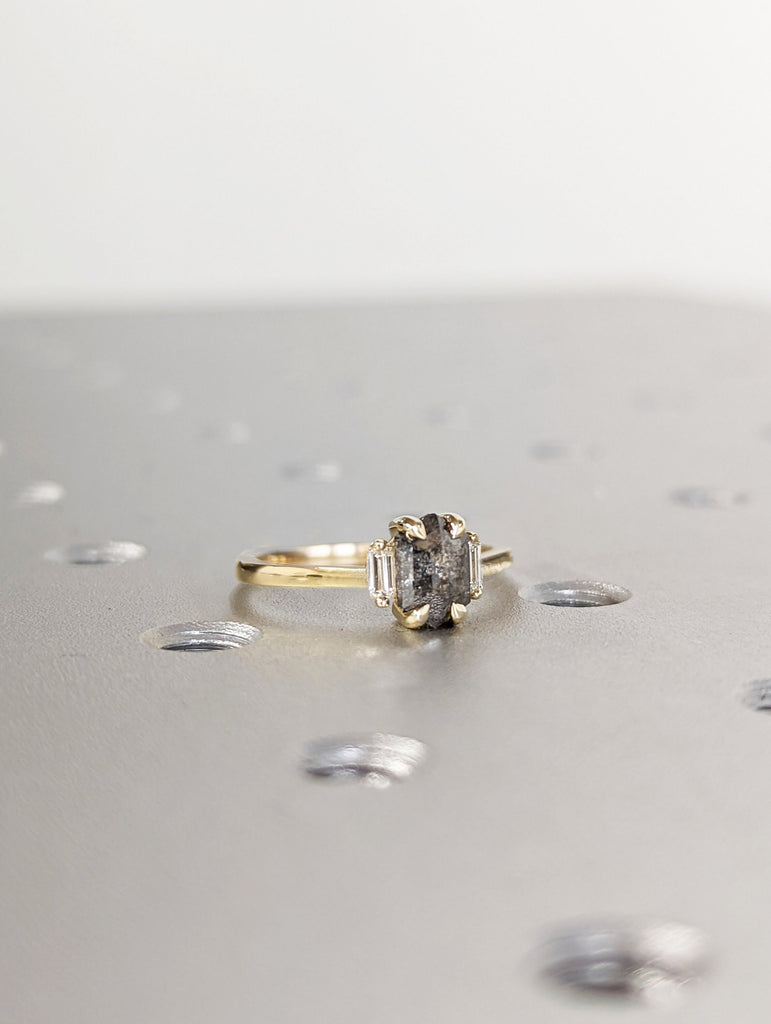 Raw Diamond Hexagon Baguette Diamond, Salt and Pepper, Unique Engagement Ring, Rose Cut Geometric Diamond Ring, 14k Gold, Custom Handmade