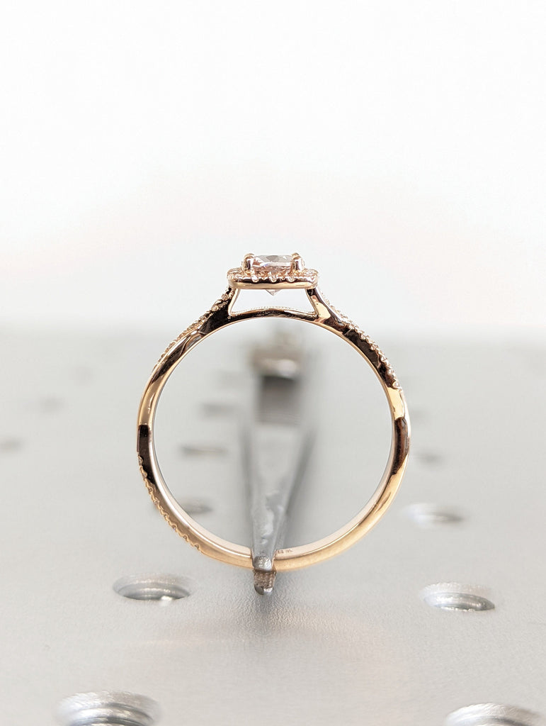 Twisted Vine Morganite Ring- 18K Solid Rose Gold Ring- Round Morganite Engagement Ring- Promise Ring- Diamond Halo- Vintage Morganite Ring