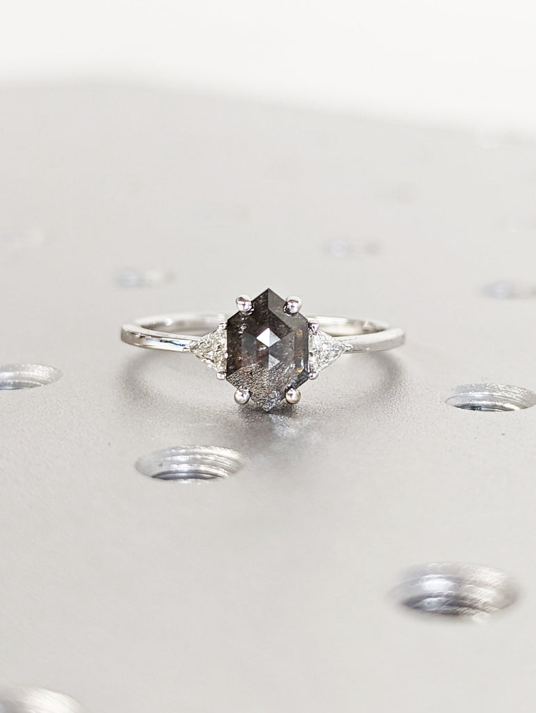 Raw Diamond Hexagon Triangle Diamond, Salt and Pepper, Plain Unique Bridal Engagement Set, Rose Cut Geometric Diamond Ring, Custom Handmade