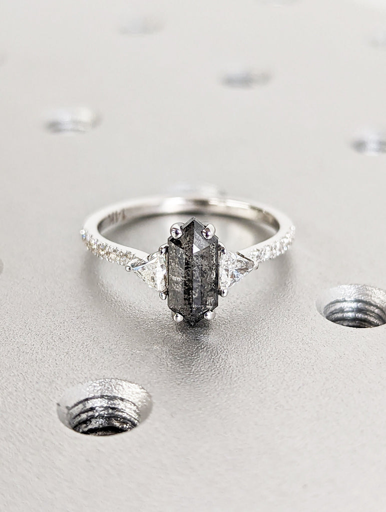 Raw Diamond Hexagon Triangle Diamond, Salt and Pepper, Unique Bridal Engagement Set, Rose Cut Geometric Diamond Ring, Custom Handmade