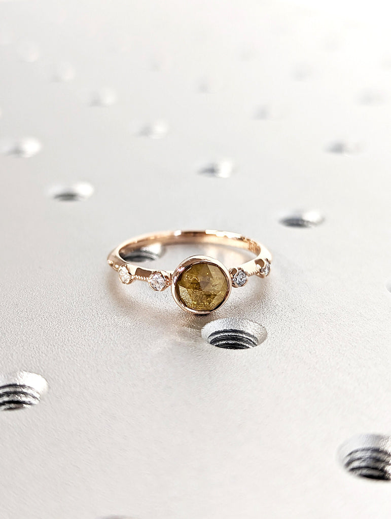 Unique Engagement Ring Rose Cut Diamond Round Ring, Vintage Brown Rose Cut Diamond Ring, Brown Round Rose Cut 14k Gold Non Traditional Ring