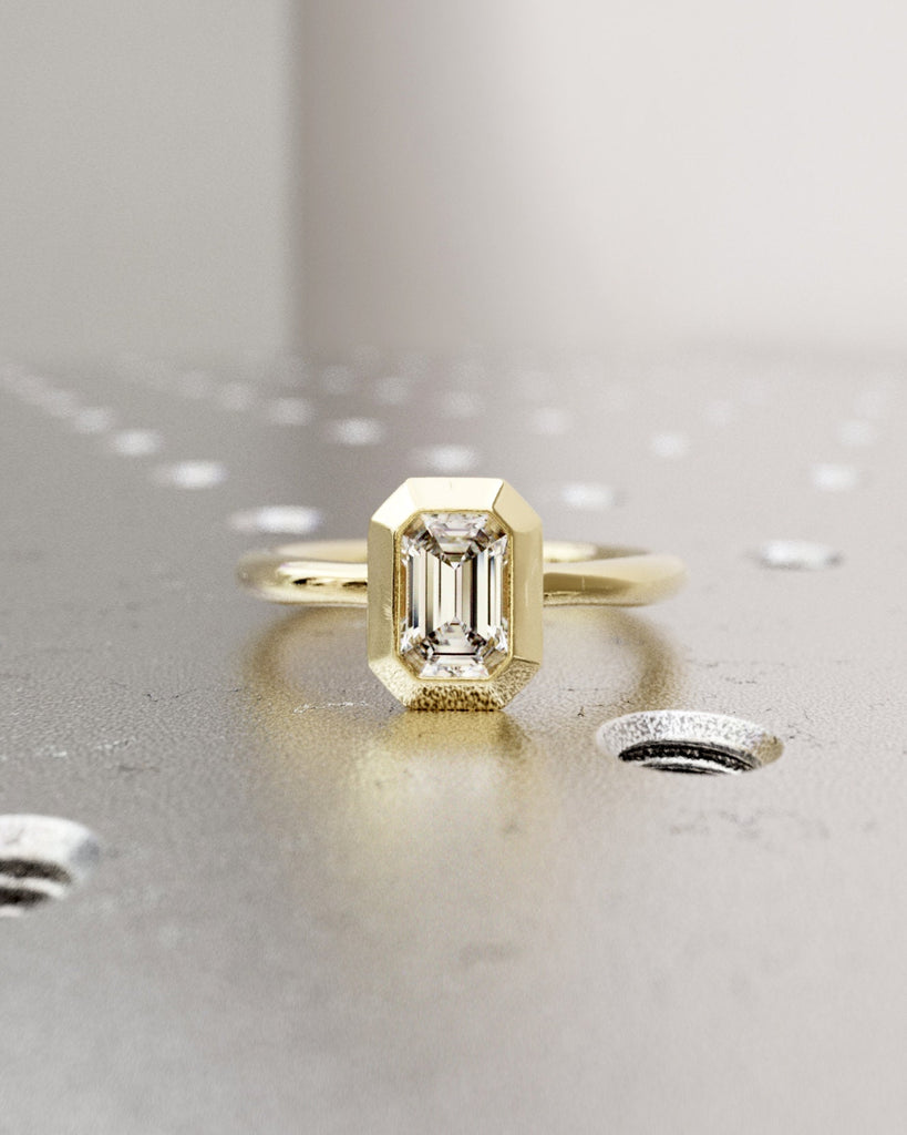 0.5CT Emerald Cut Moissanite Solitaire Ring, 14K Yellow Gold Ring, Chunky Bezel Setting, Hidden Halo Ring, Gift For Her