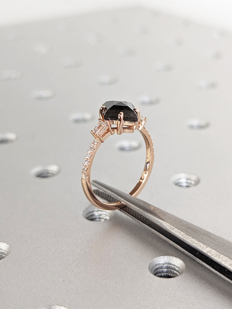 Galaxy Raw Salt and Pepper Diamond Ring- Kite Cut Diamond Engagement Ring Sets- Unique Bridal Geometric Diamond Promise Ring 14K Rose Gold