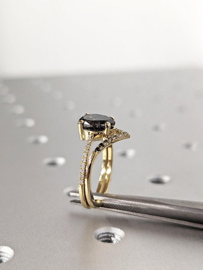 1.5 Carat 1920's Raw Salt and Pepper Diamond, Pear Diamond Ring, Unique Engagement Bridal Set, Black, Gray Pear, 14k Yellow, Rose White Gold