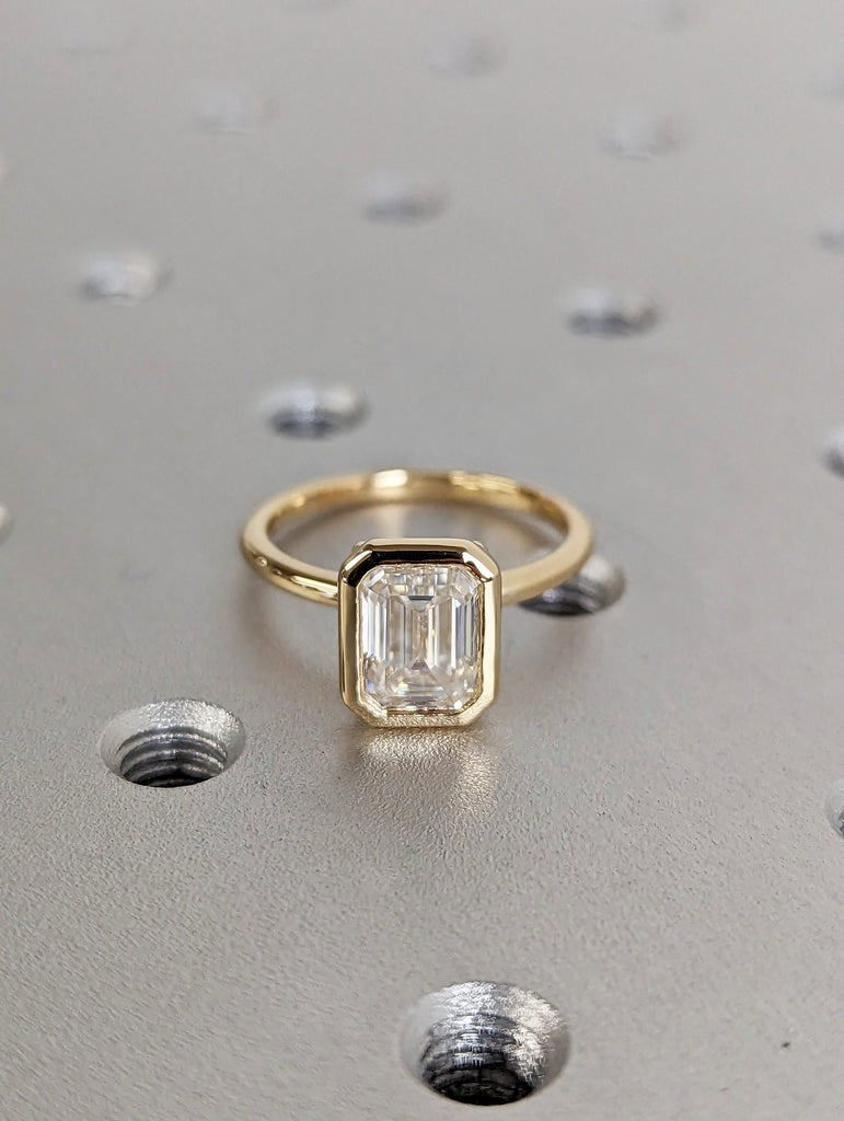 1.5CT Emerald Cut Moissanite Solitaire Ring, 14K Yellow Gold Engagement Ring, Bezel Setting, Statement Ring, Gift For Her, Anniversary Ring