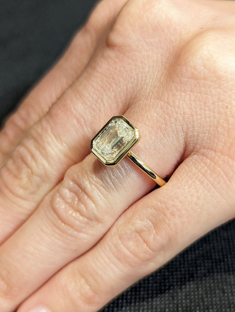 1.5CT Emerald Cut Moissanite Solitaire Ring, 14K Yellow Gold Engagement Ring, Bezel Setting, Statement Ring, Gift For Her, Anniversary Ring