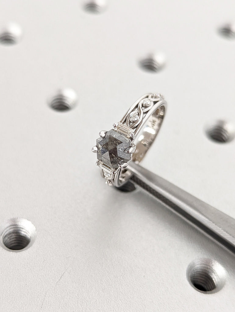 Unique Hexagon Baguette Diamond Vintage Celtic Engagement Ring Bridal Ring, Salt And Pepper Diamond Hexagon Shaped, Twisted Engagement Ring image #9