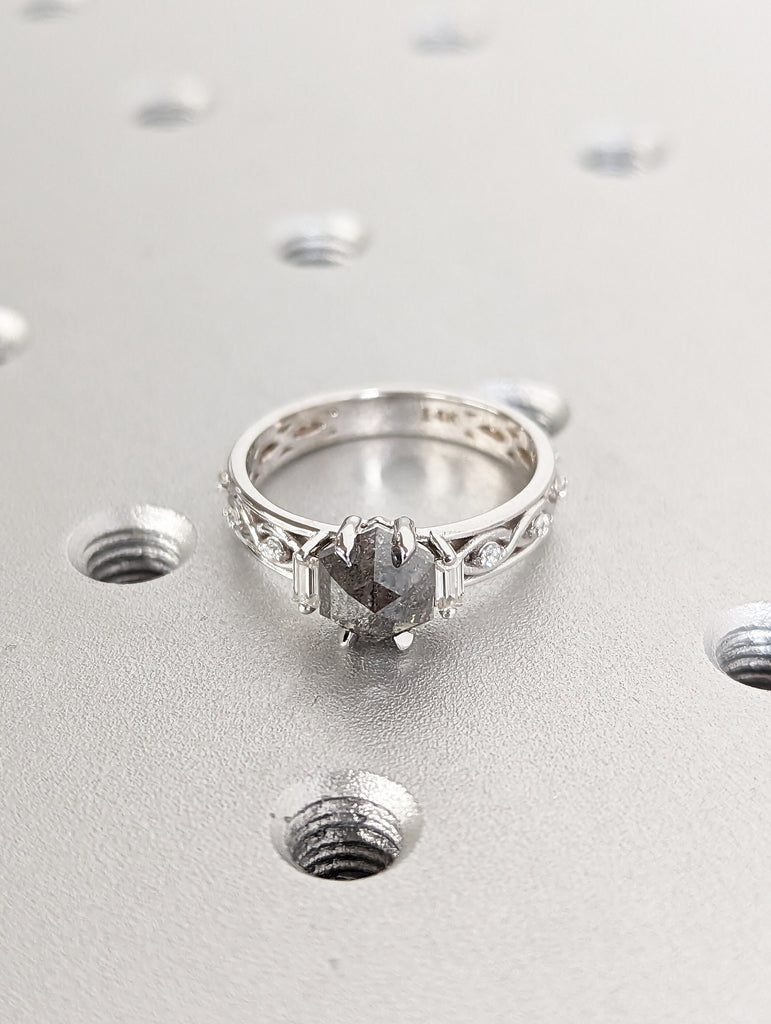 Unique Hexagon Baguette Diamond Vintage Celtic Engagement Ring Bridal Ring, Salt And Pepper Diamond Hexagon Shaped, Twisted Engagement Ring image #3