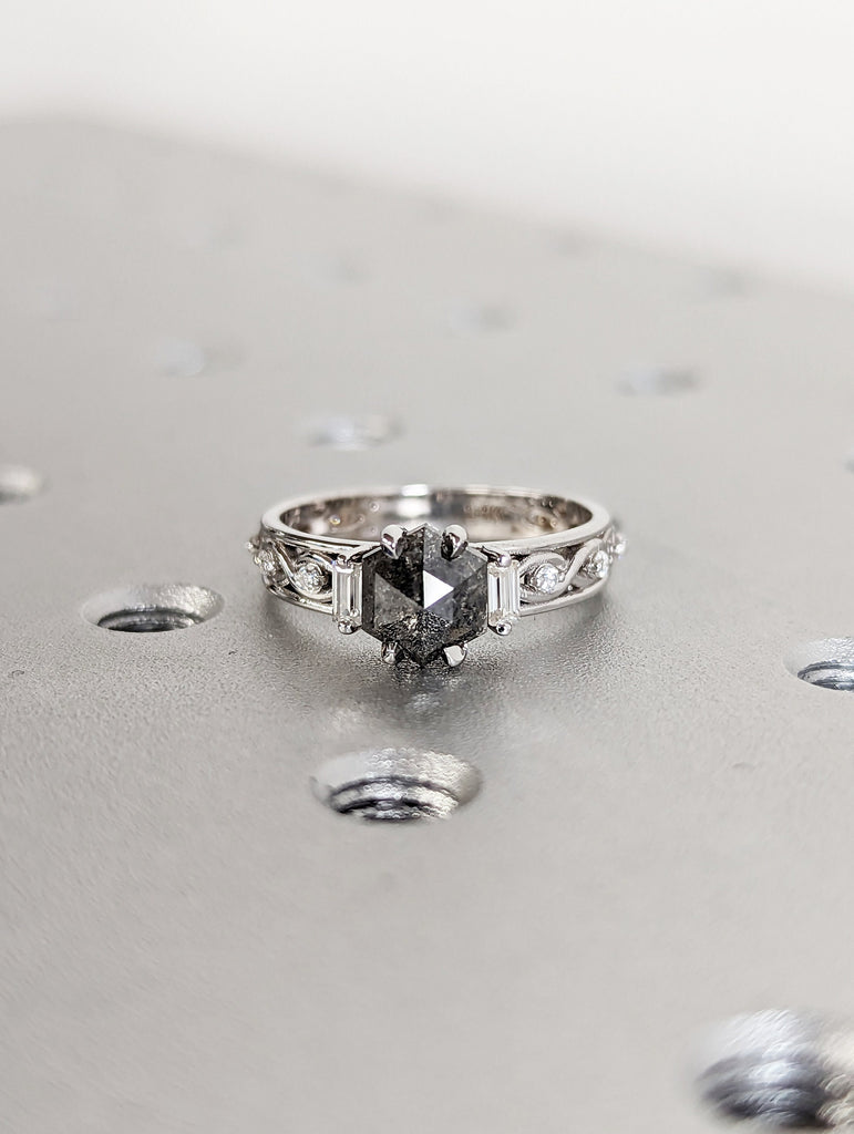 Unique Hexagon Baguette Diamond Vintage Celtic Engagement Ring Bridal Ring, Salt And Pepper Diamond Hexagon Shaped, Twisted Engagement Ring image #2