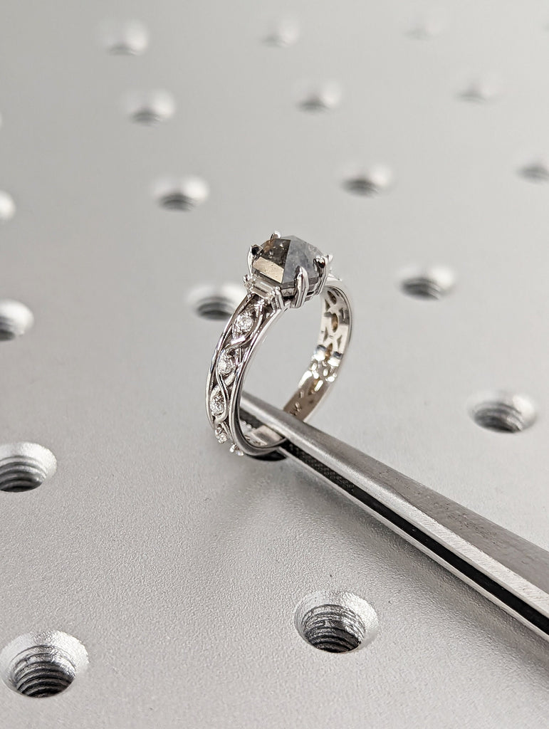 Unique Hexagon Baguette Diamond Vintage Celtic Engagement Ring Bridal Ring, Salt And Pepper Diamond Hexagon Shaped, Twisted Engagement Ring image #7