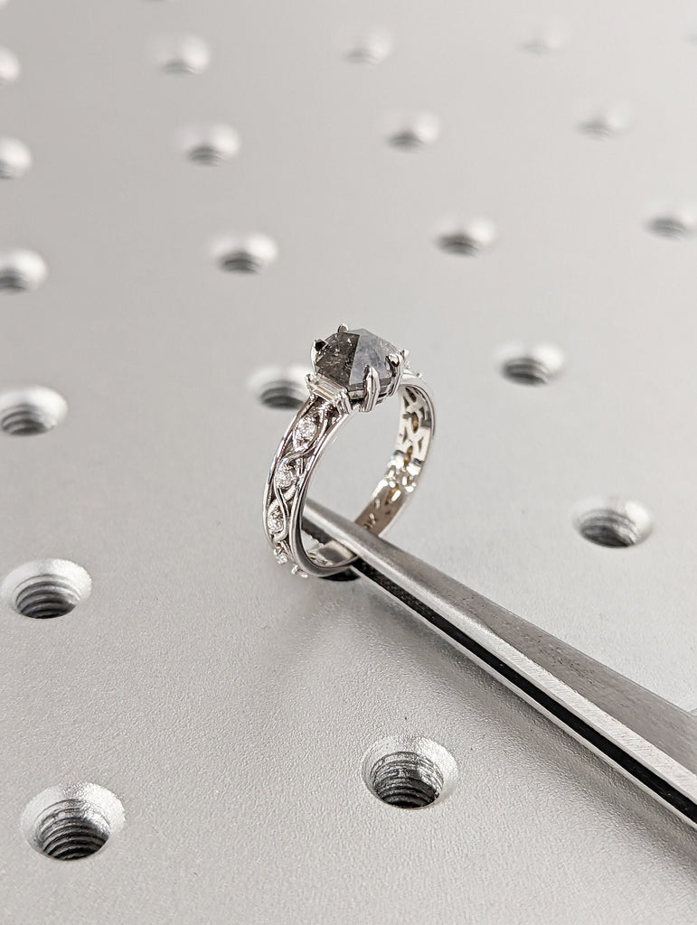 Unique Hexagon Baguette Diamond Vintage Celtic Engagement Ring Bridal Ring, Salt And Pepper Diamond Hexagon Shaped, Twisted Engagement Ring image #8