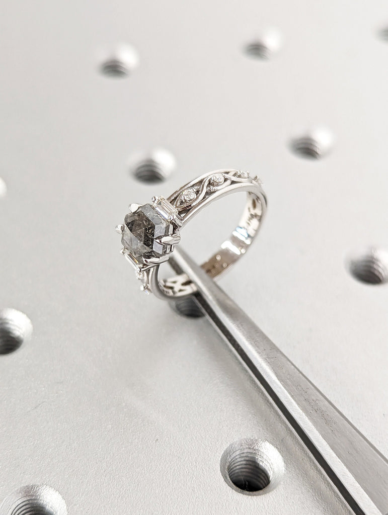 Unique Hexagon Baguette Diamond Vintage Celtic Engagement Ring Bridal Ring, Salt And Pepper Diamond Hexagon Shaped, Twisted Engagement Ring image #10