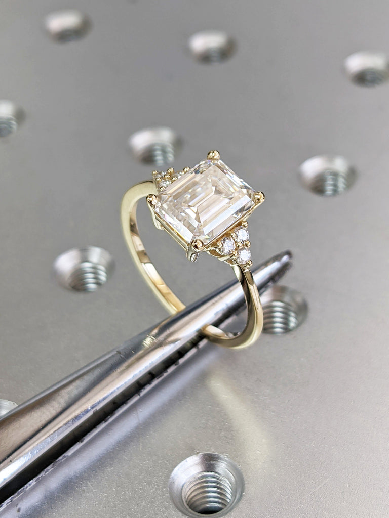 Handmade Custom Ring/ 2.5 Carat Emerald Cut Moissanite Engagement Ring/ 4 Prongs Wedding Promise Ring/ 14K Solid Gold Ring/ Stacking Rings