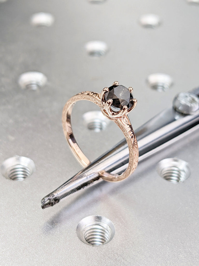 Galaxy Raw Salt and Pepper Diamond Ring- Round Cut Diamond Engagement Ring- Unique Bridal Black Diamond Promise Ring 14K Rose Gold Solitaire