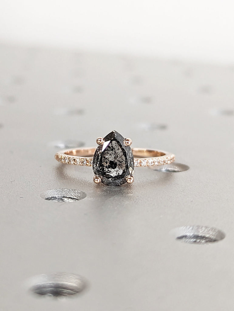 1.75 Ct 1920's Raw Salt and Pepper Diamond, Pear Diamond Ring, Unique Engagement Bridal Set, Black, Gray Pear, 14k Yellow, Rose, White Gold