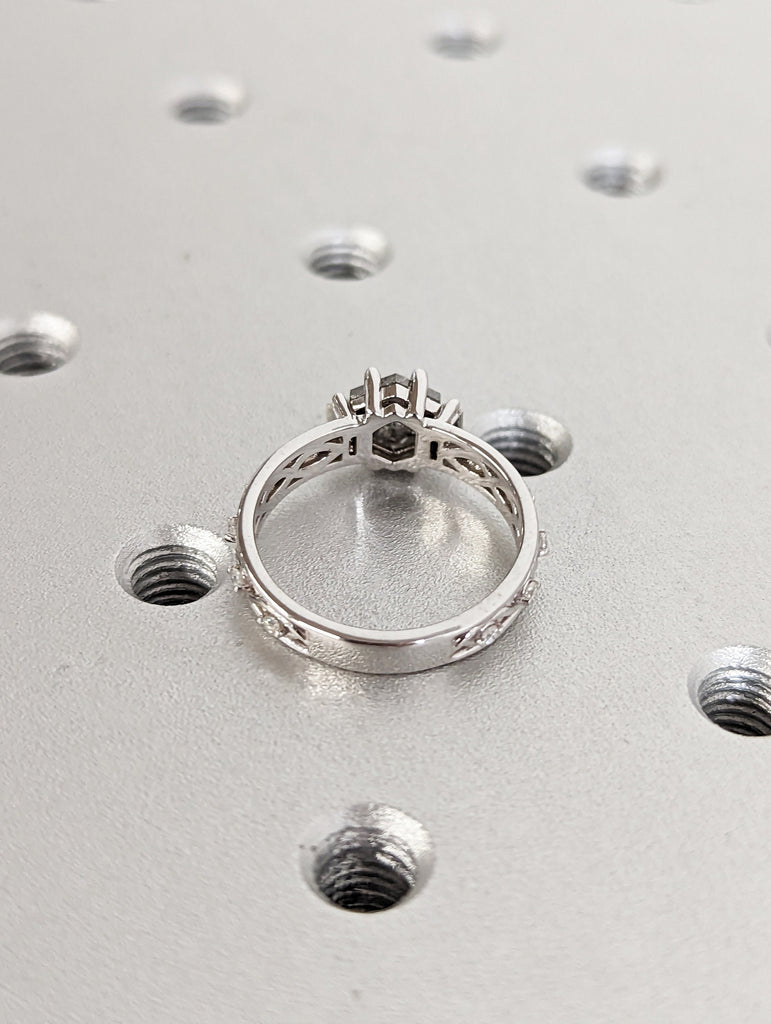 Unique Hexagon Baguette Diamond Vintage Celtic Engagement Ring Bridal Ring, Salt And Pepper Diamond Hexagon Shaped, Twisted Engagement Ring image #4