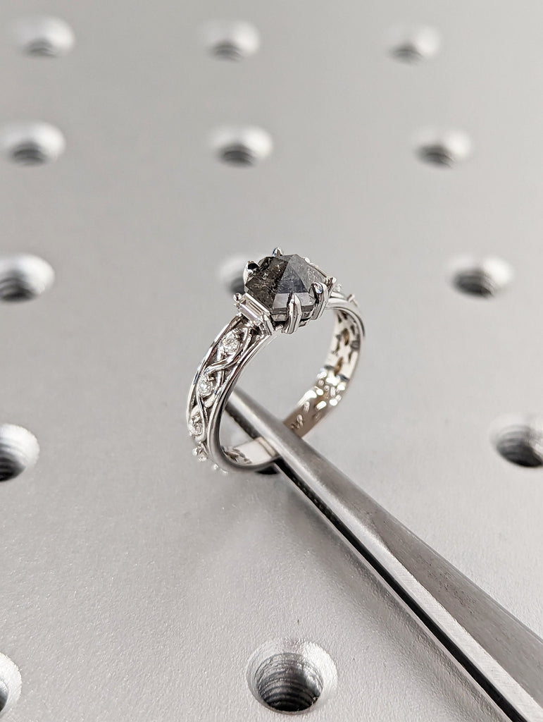 Unique Hexagon Baguette Diamond Vintage Celtic Engagement Ring Bridal Ring, Salt And Pepper Diamond Hexagon Shaped, Twisted Engagement Ring image #6