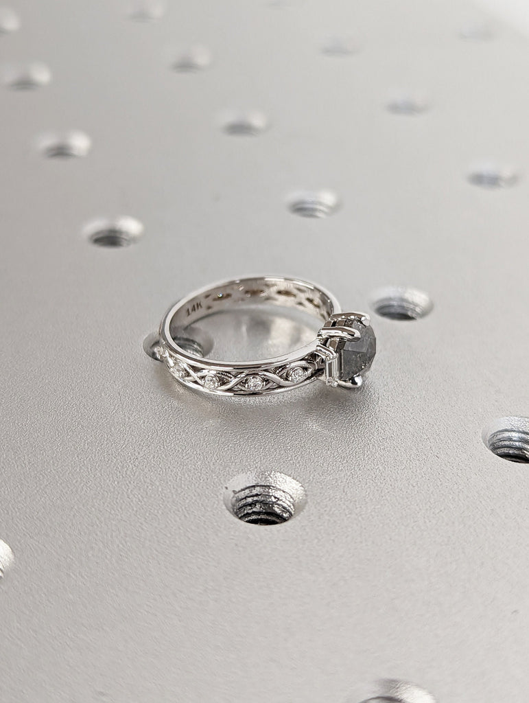 Unique Hexagon Baguette Diamond Vintage Celtic Engagement Ring Bridal Ring, Salt And Pepper Diamond Hexagon Shaped, Twisted Engagement Ring image #5