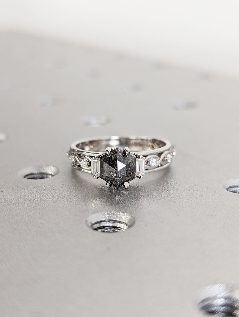 Unique Hexagon Baguette Diamond Vintage Celtic Engagement Ring Bridal Ring, Salt And Pepper Diamond Hexagon Shaped, Twisted Engagement Ring image #1