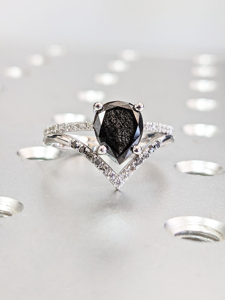 1920's Raw Salt and Pepper Diamond, Pear Diamond Ring, Unique Engagement Bridal Set, Black, Gray Pear, 14k, 18k Yellow, Rose or White Gold