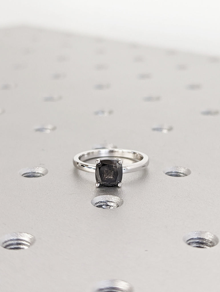 1920's Raw Salt and Pepper Diamond, Rose Cut Cushion Diamond Ring, Unique Engagement, Black, Gray Pear, 14k Yellow, Rose, or White Gold