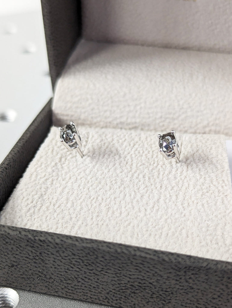 1CT Oval Black Diamond Stud Earrings | Salt and Pepper Diamond Solitaire Earrings | 14k Gold Women Earrings | Unique Natural Diamond Studs