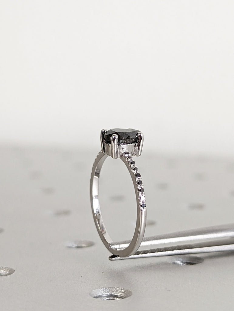 1920's Raw Salt and Pepper Diamond, Pear Diamond Ring, Unique Engagement Bridal Set, Black, Gray Pear, 14k Yellow, Rose, Black or White Gold
