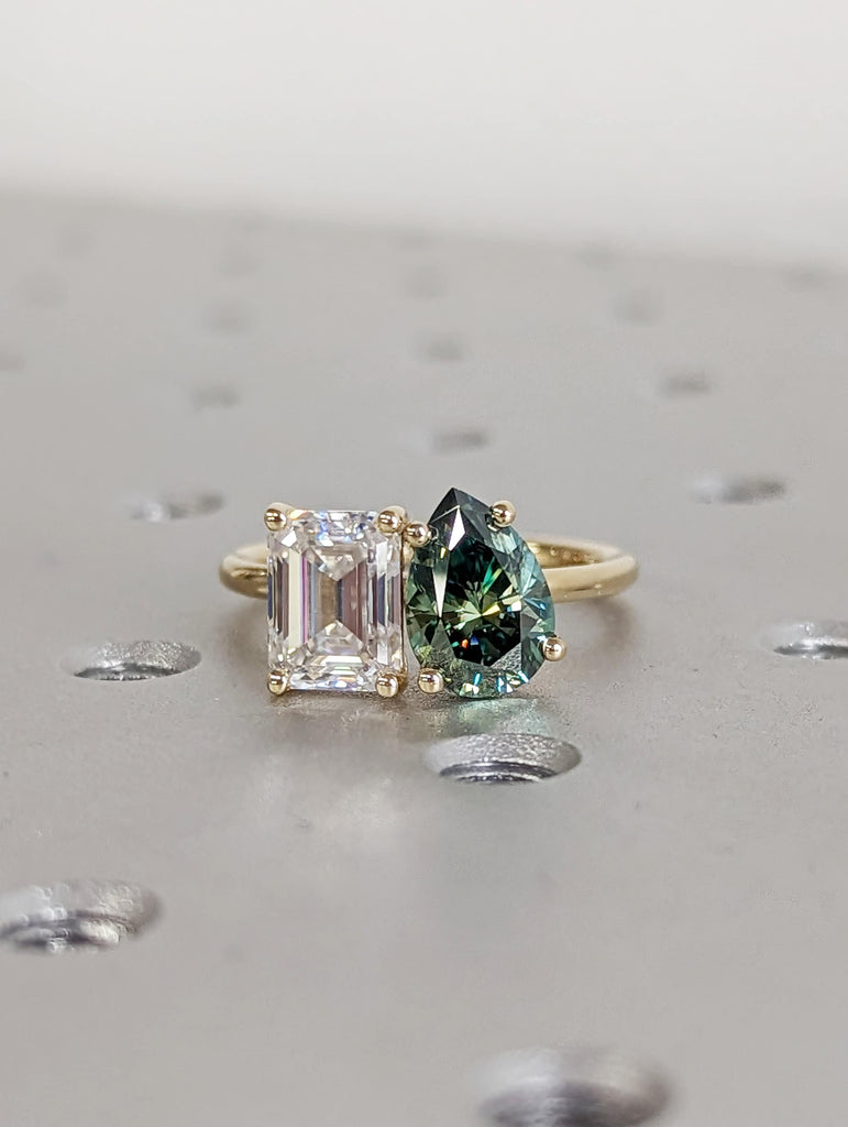 Pear And Emerald Cut Toi Et Moi Moissanite Ring / Green Pear Moissanite Engagement Ring / Yellow Gold Anniversary Ring / Two Stone Ring