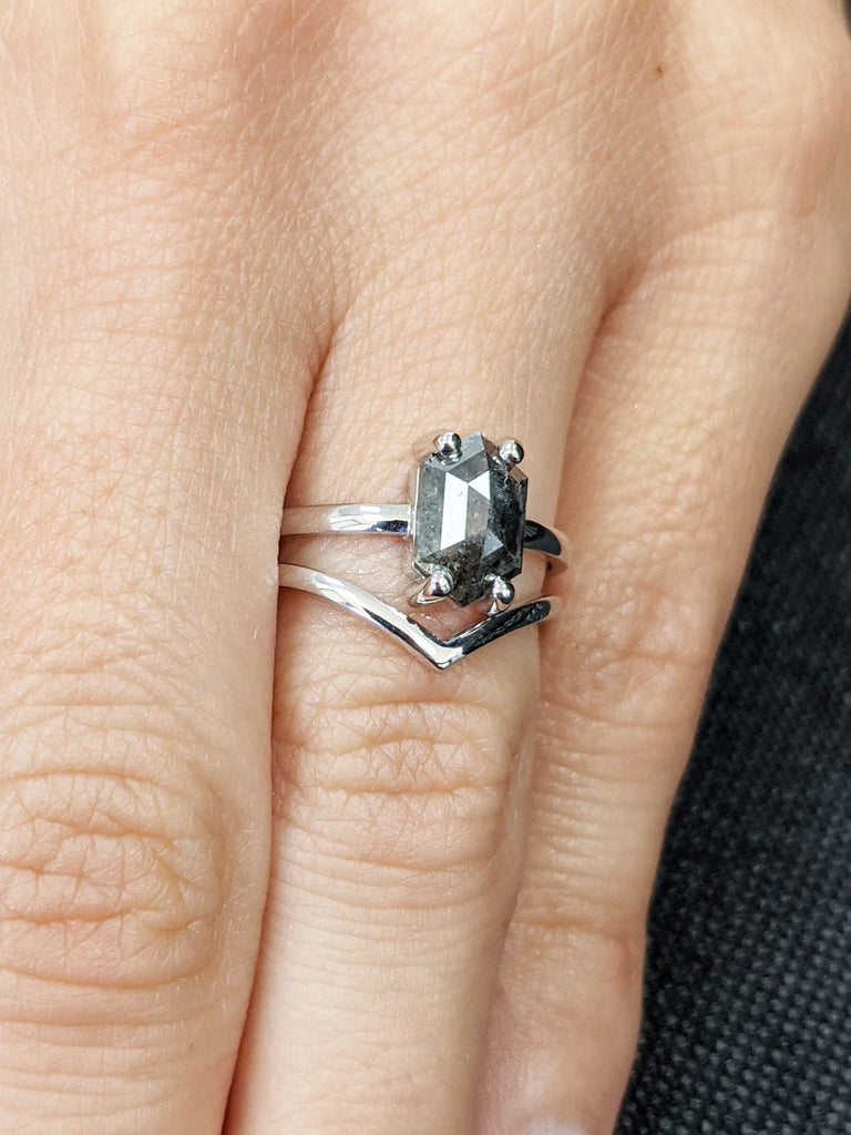 Raw Diamond, Salt and Pepper, Hexagon, Unique Engagement Ring, Rose Cut Geometric Diamond Ring, 14k Gold, 18K White Gold, Custom Handmade