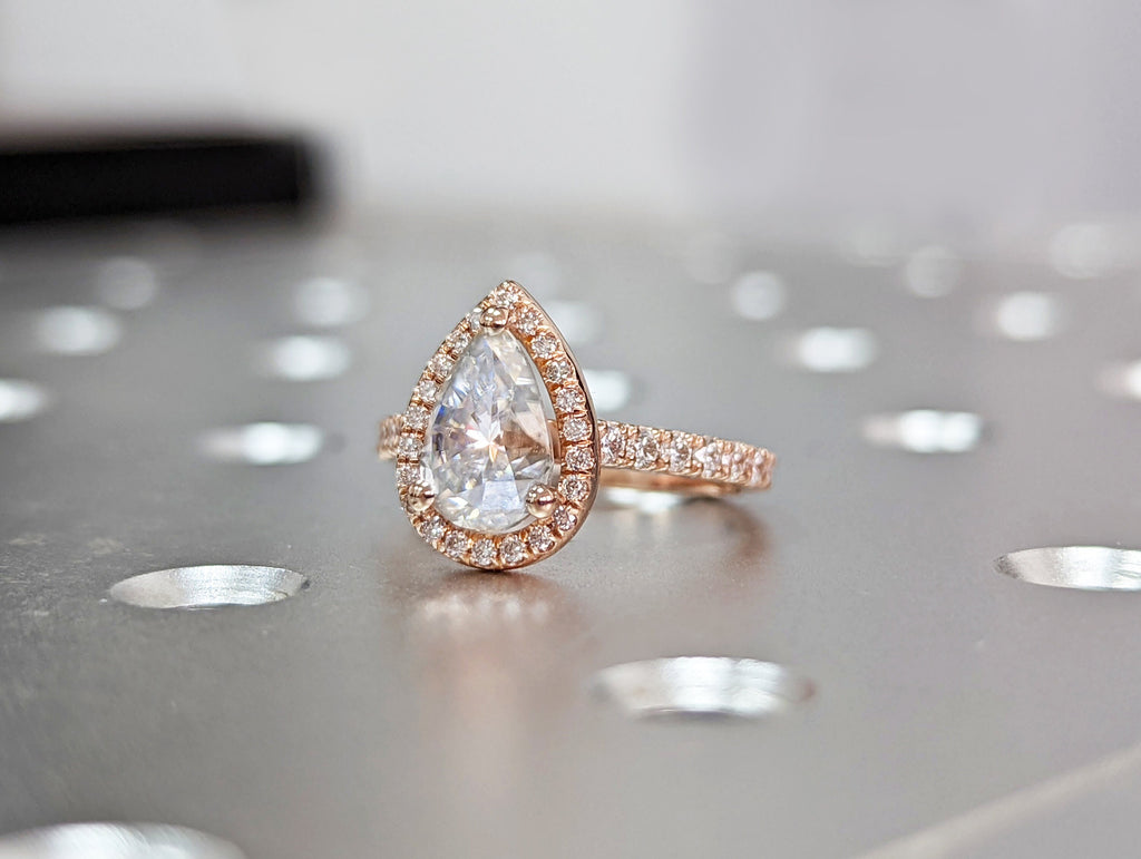 1.5 CT Pear Cut Moissanite Engagement Ring Pear Moissanite Ring Diamond Halo Ring 14K Rose Gold Scalloped Pave Accents Ring Christmas Gift