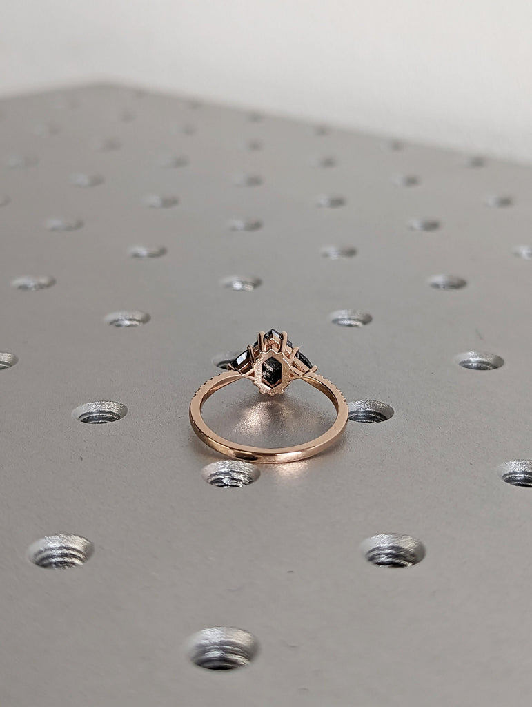 Raw Diamond Hexagon Triangle Diamond, Salt and Pepper, Unique Engagement Ring, Rose Cut Geometric Diamond Ring, 14k Gold, Custom Handmade