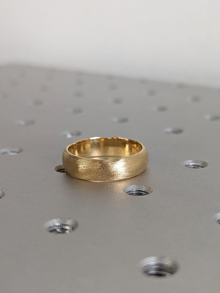 Cool Mens Wedding Bands | Solid Yellow Gold Cigar Band | 6MM Wide Manly Bands | Scratched Facet Gold Wedding Rings