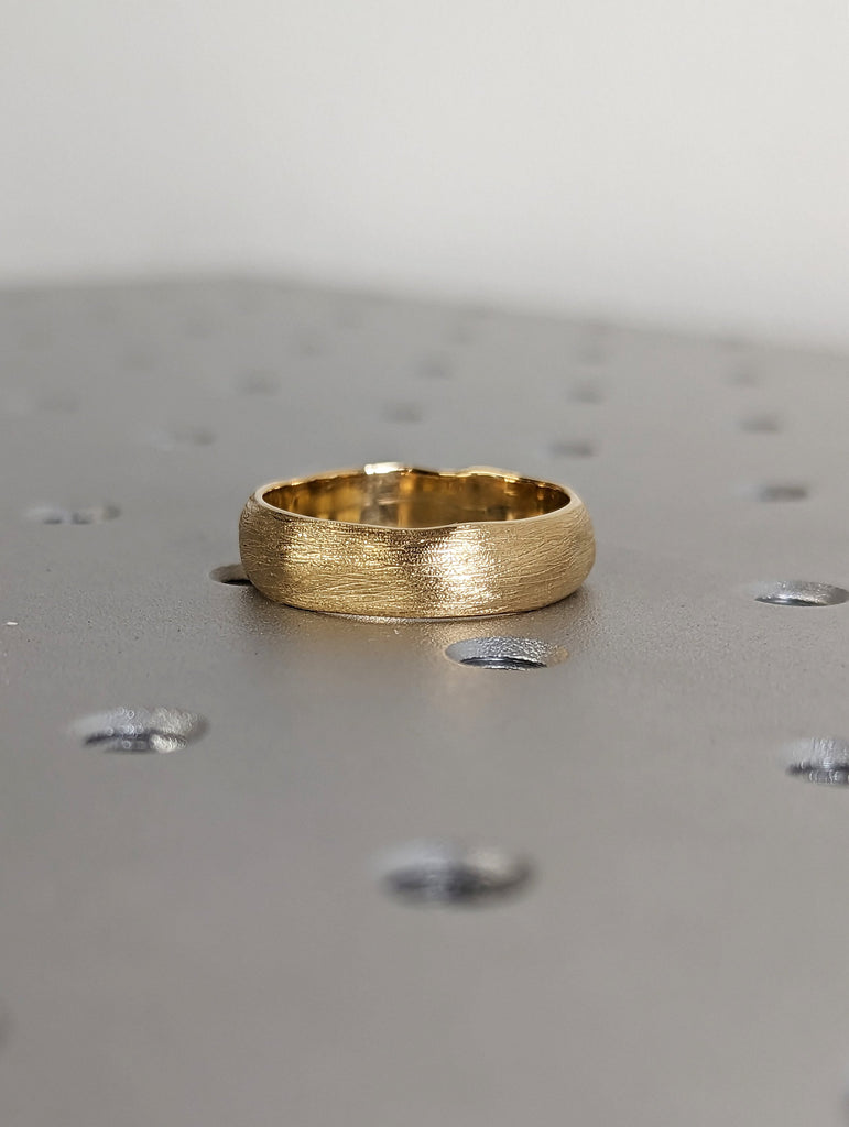 Cool Mens Wedding Bands | Solid Yellow Gold Cigar Band | 6MM Wide Manly Bands | Scratched Facet Gold Wedding Rings