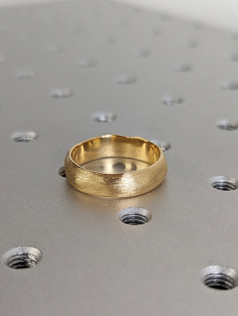 Cool Mens Wedding Bands | Solid Yellow Gold Cigar Band | 6MM Wide Manly Bands | Scratched Facet Gold Wedding Rings